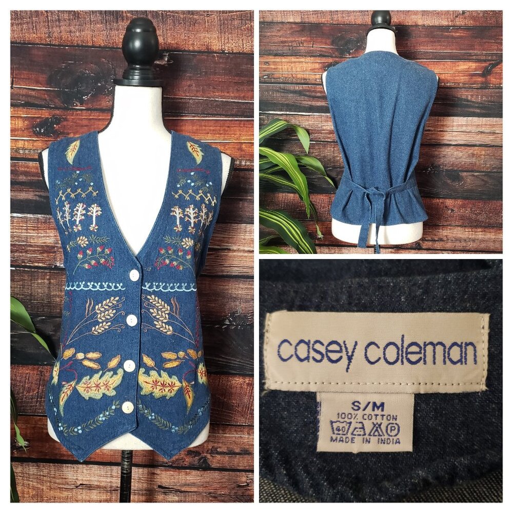 Casey Coleman Vintage Denim Vest S/M Embroidered Botanical Button Tie Leaf